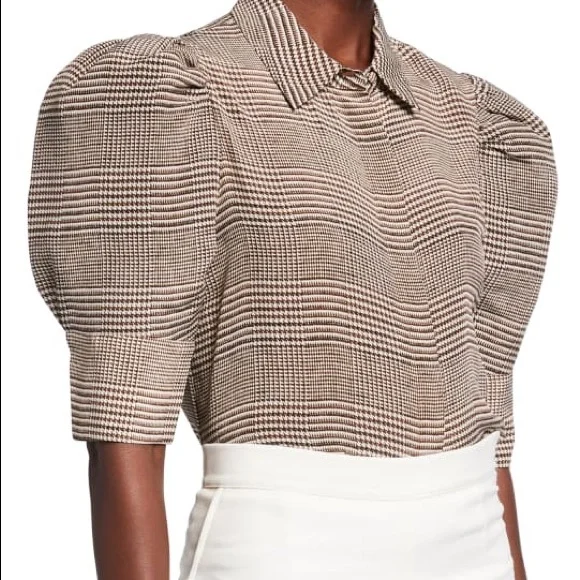 Alice + Olivia Willa Houndstooth Check Scrunched Puff-Sleeve Top - Picture 3 of 3